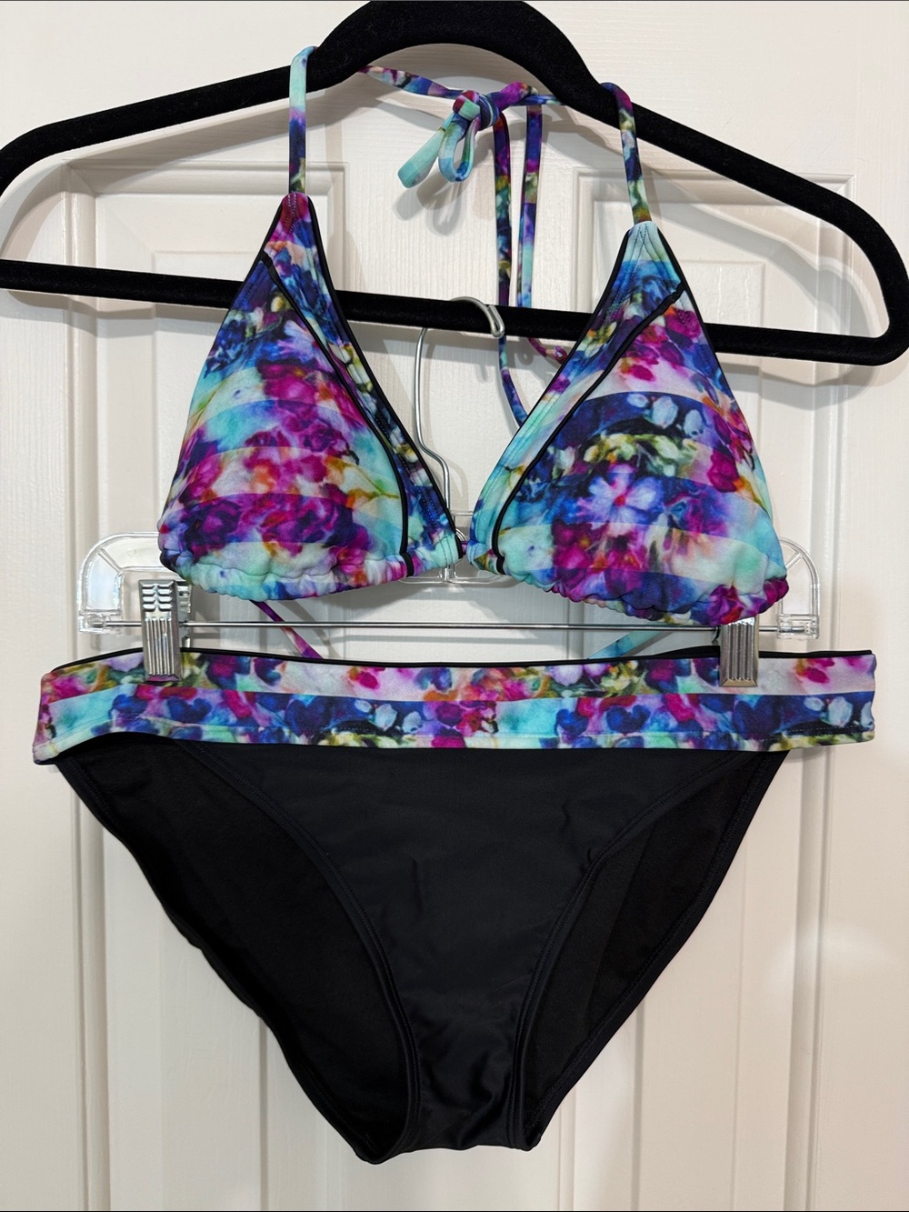 Athleta Multicolor Floral Halter Bikini Top with Black Bottoms